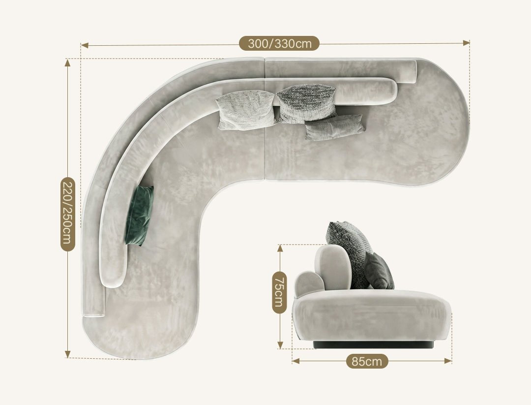 Cosima Grey Four Seater, Five Seater Curved Sofa, Long Sofa, Velvet - Miola