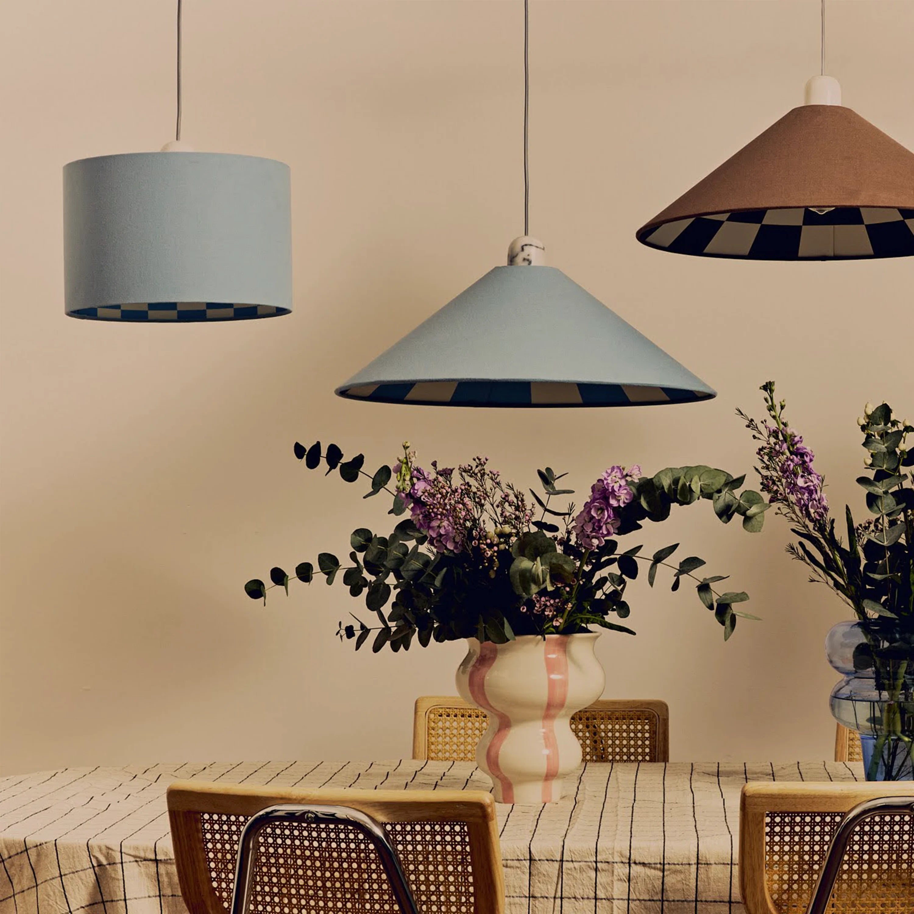 Damson blue check lined drum shade - Miola
