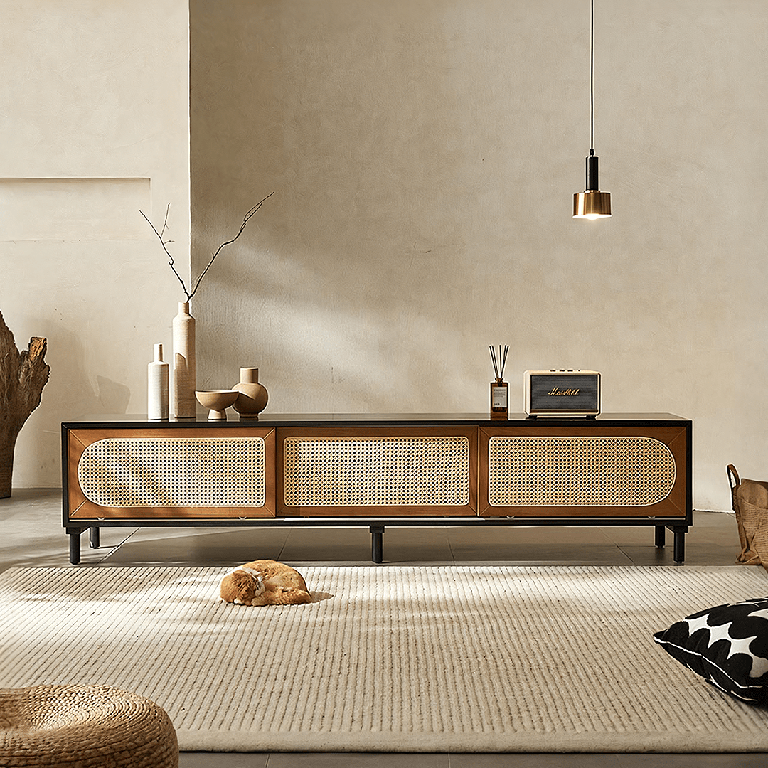Dogon Rattan TV Stand, Black, Solid Wood - Miola