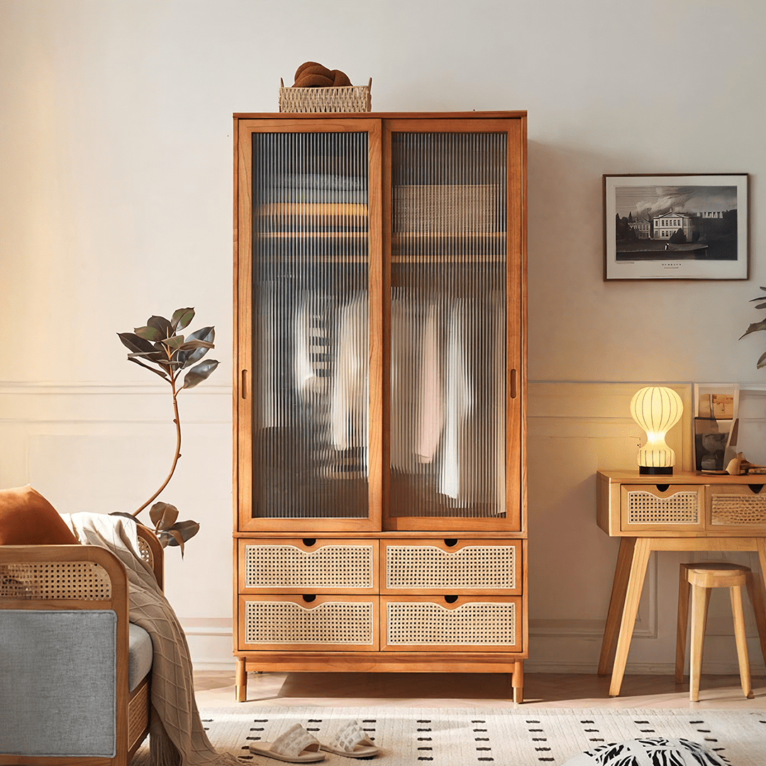 Fritzy Rattan Wardrobe With Coat Hanger & Sliding Glass Doors - Miola