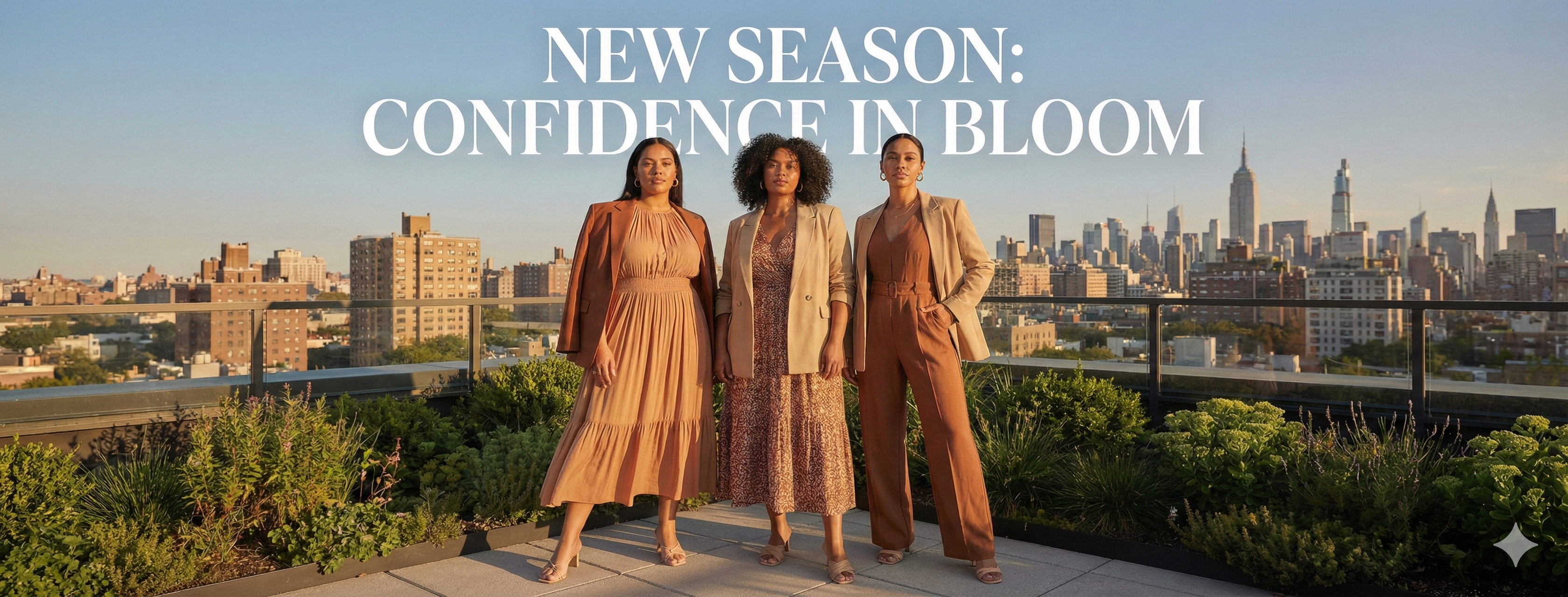 Three women posing on a rooftop with a city skyline in the background, featuring text 'New Season: Confidence in Bloom'.