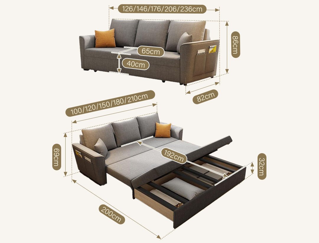 Gertrude Sofa Bed Single Seater, Two Seater, Linen - Miola