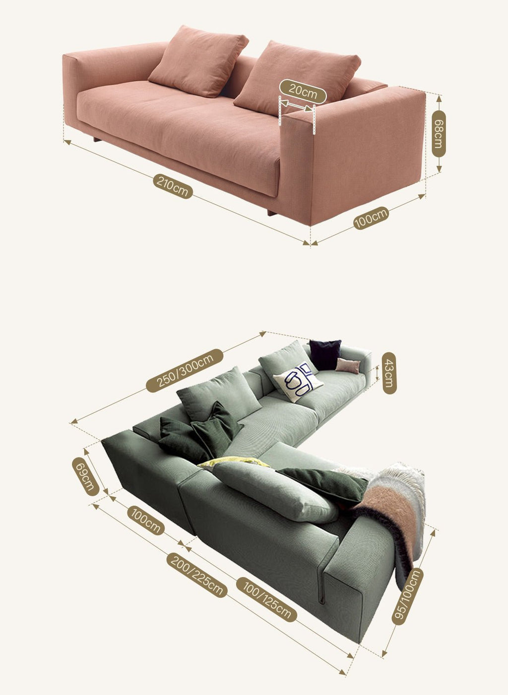 Goswell Two Seater, Three Seater Corner Sofa, Green - Miola