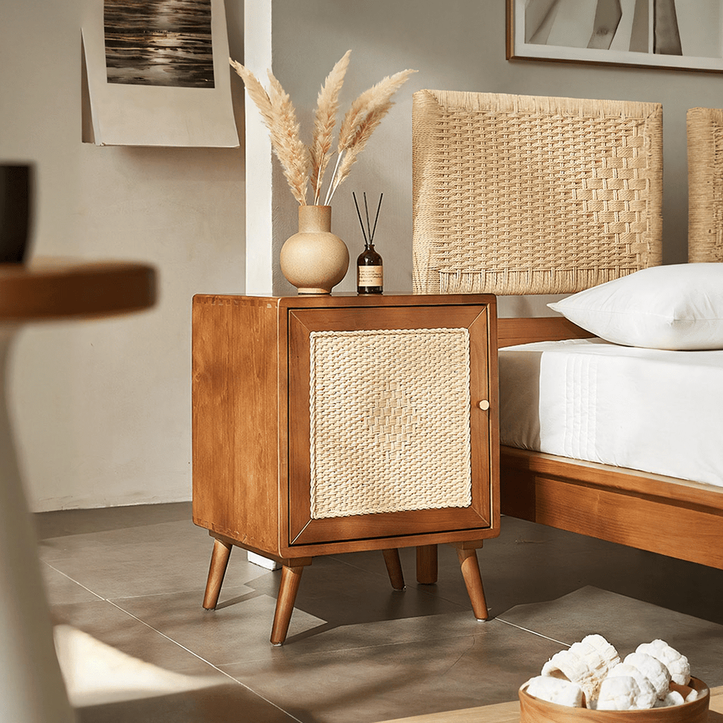 Himba Rattan Bedside Table, Solid Wood - Miola