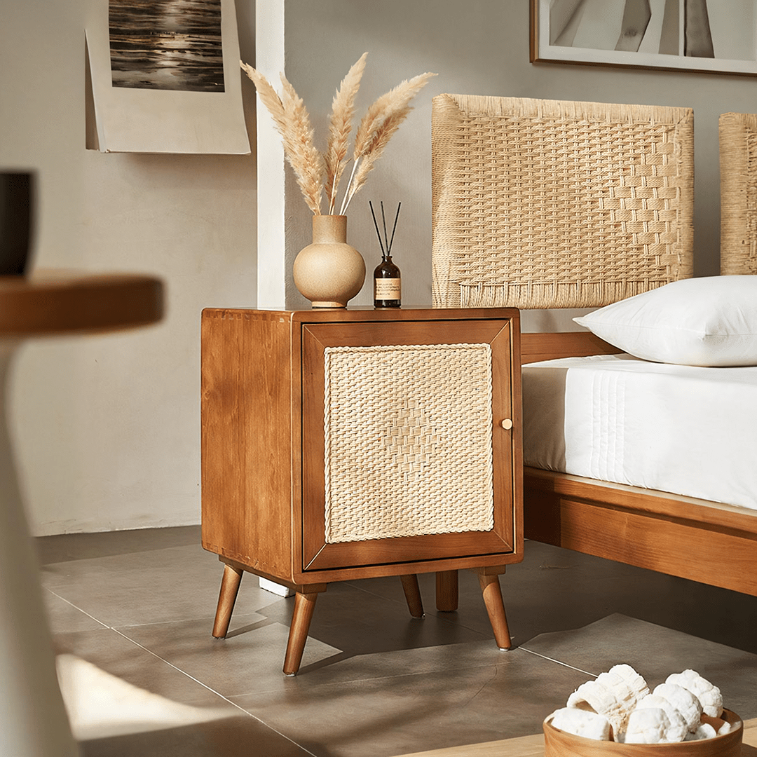 Himba Rattan Bedside Table, Solid Wood - Miola