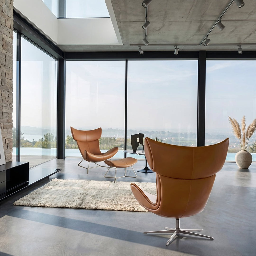 Imola Chair And Ottoman, Star Legs & Black Leather - Miola