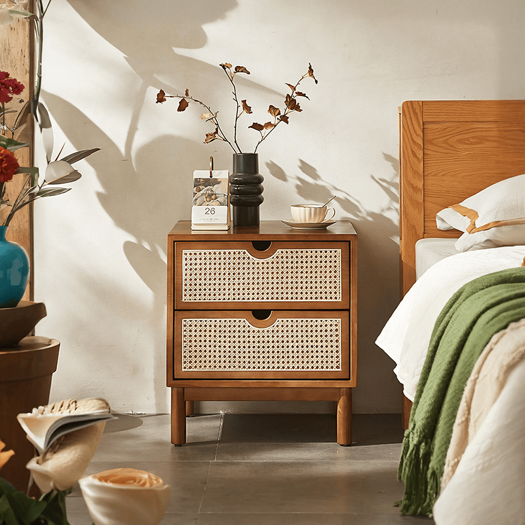 Kogi Bedside Table Solid Wood, Rattan - Miola