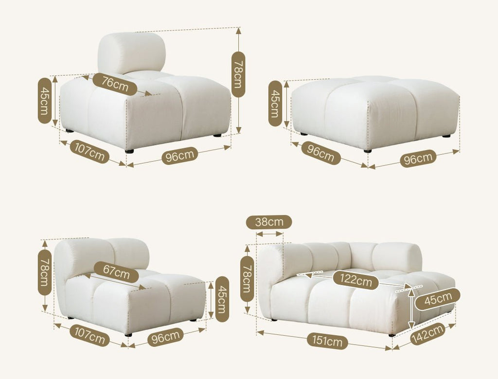 Lysander Velvet Module Three Seater, Four Seater, Five Seater Sofa, Corner Sofa, White - Miola