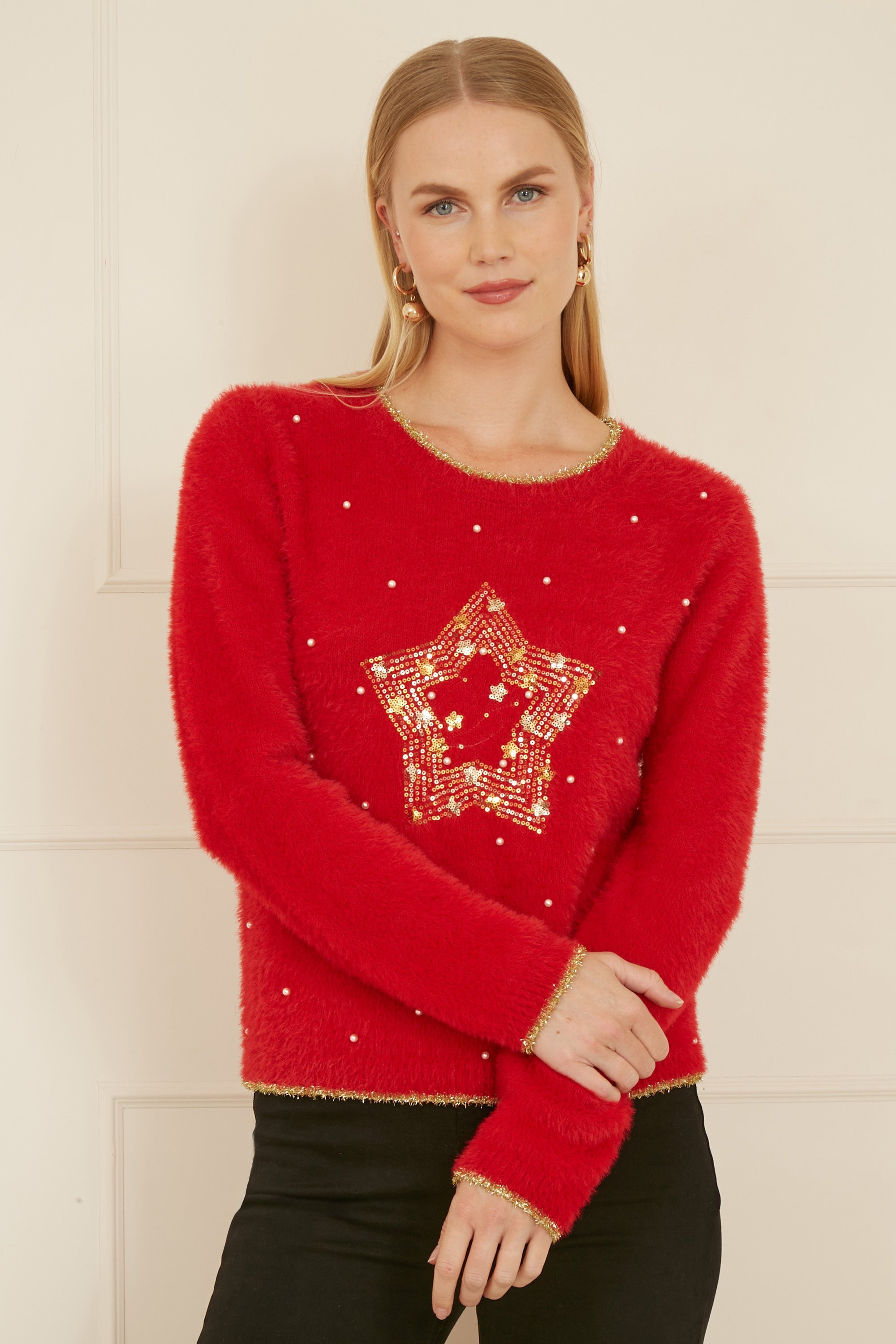 Red Knitted Fluffy Christmas Star Jumper - Miola