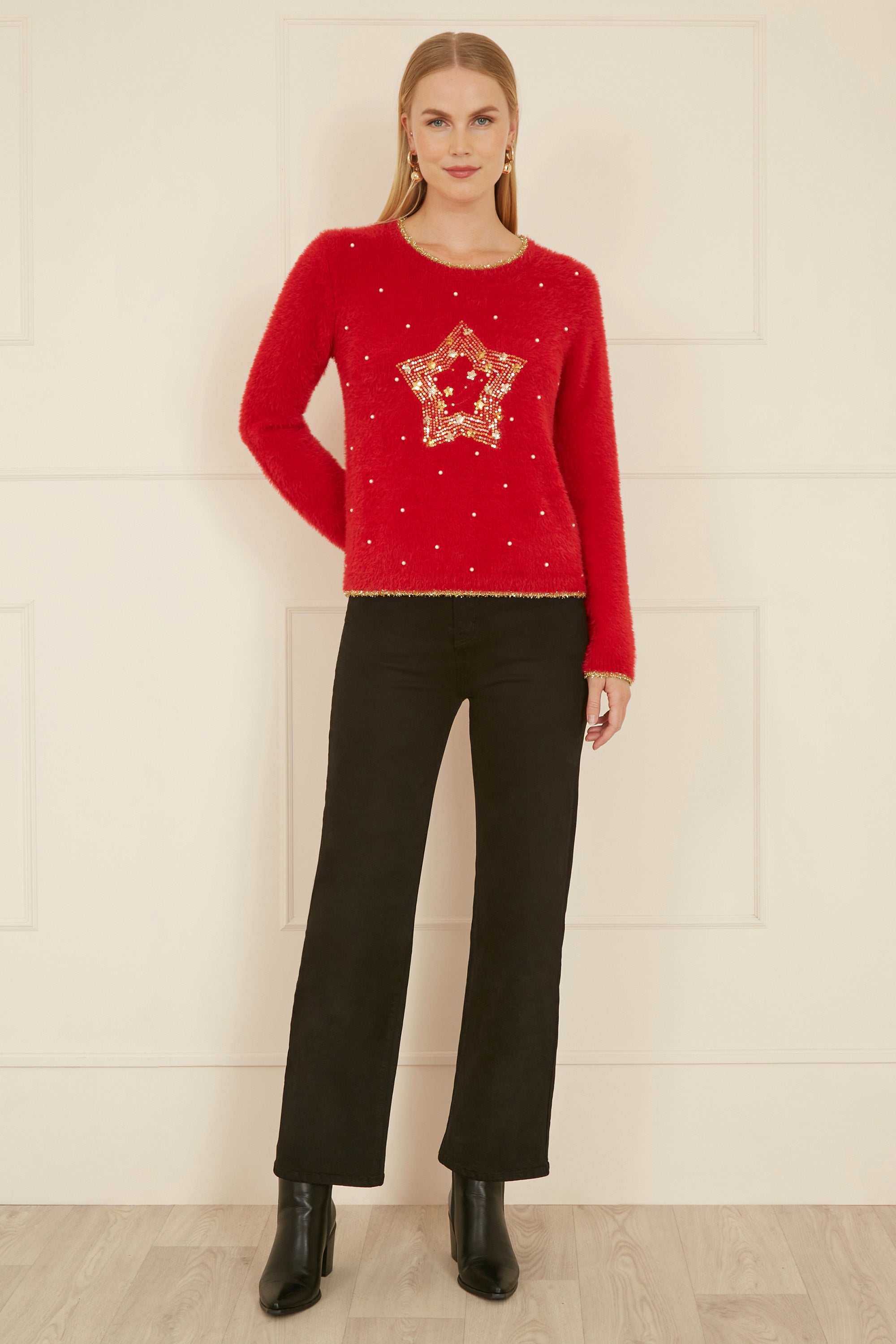 Red Knitted Fluffy Christmas Star Jumper - Miola