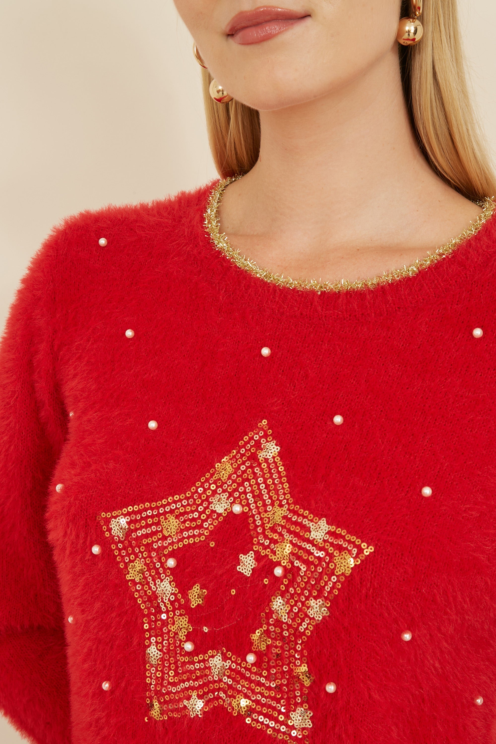 Red Knitted Fluffy Christmas Star Jumper - Miola