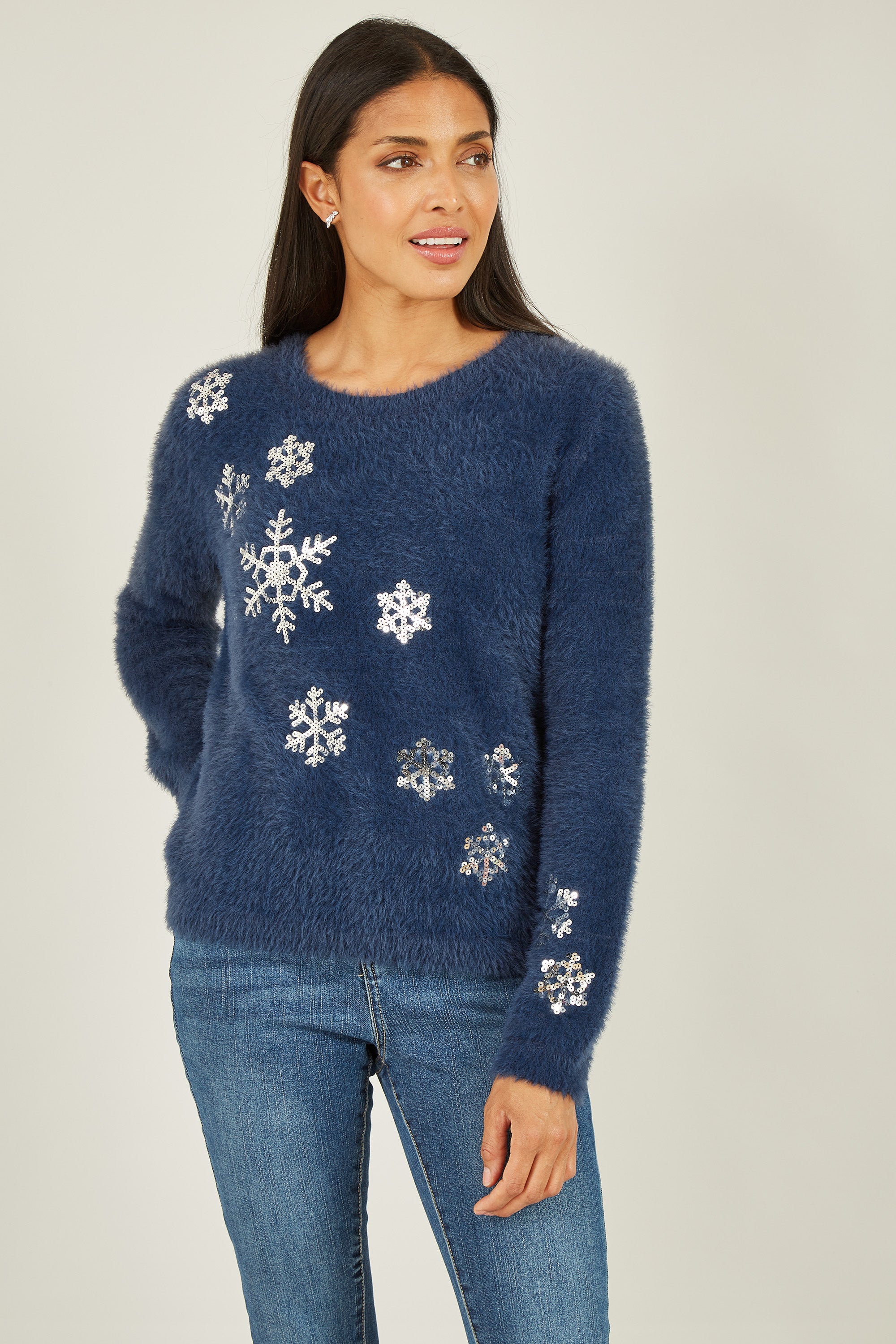 Navy Sequin Snowflake Fluffy Jumper - Miola