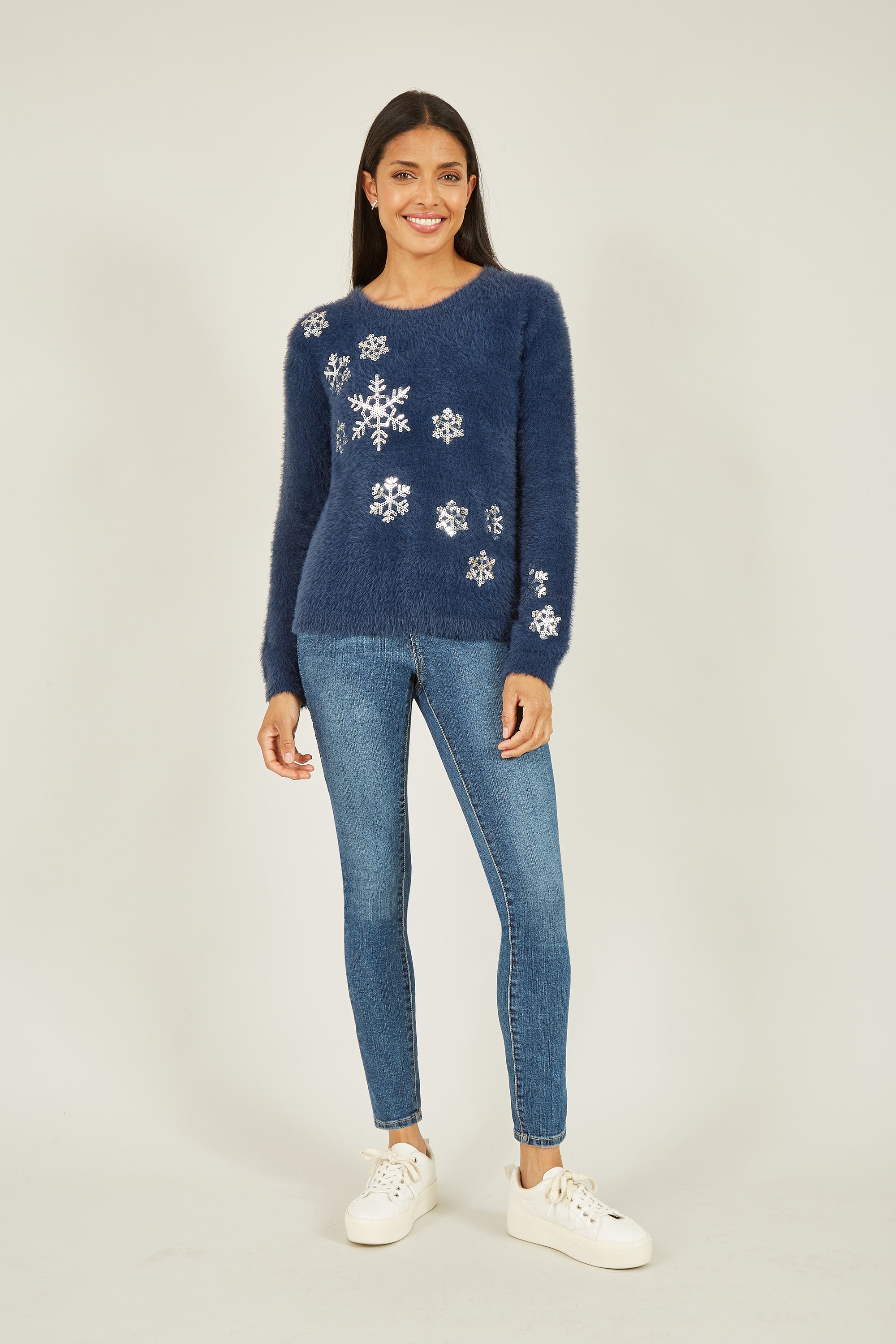 Navy Sequin Snowflake Fluffy Jumper - Miola