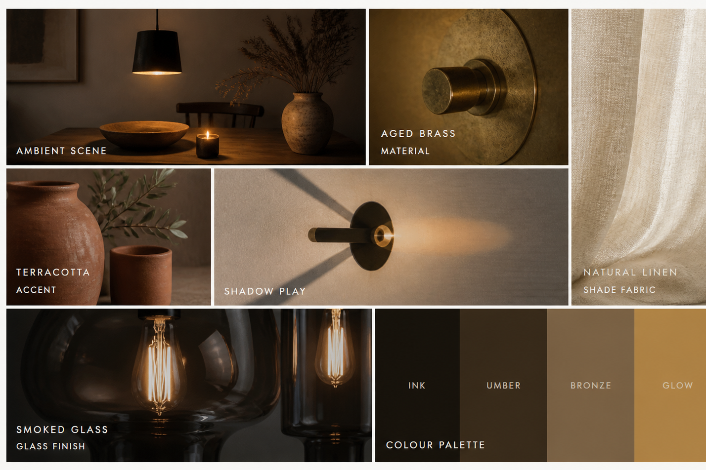 Collage of interior design elements with lighting, materials, and color palette.