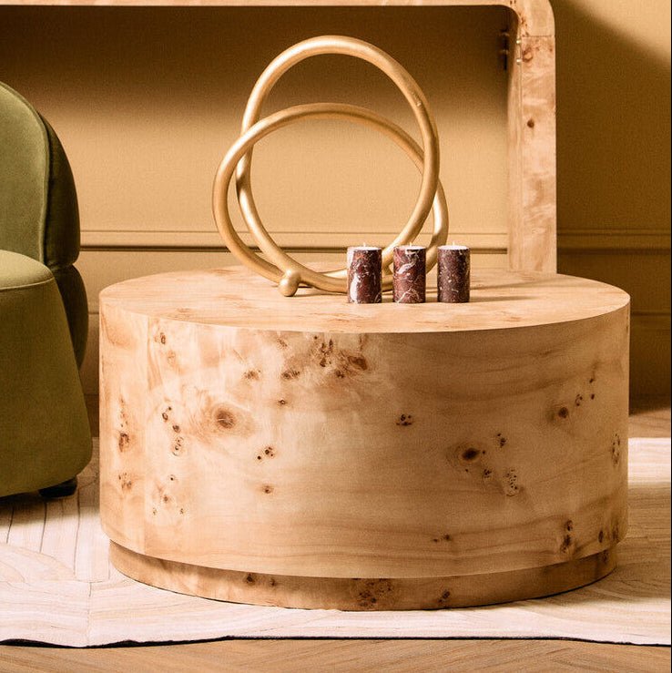 Natural Burl Wood Round Coffee Table with Drum Shape Design, Mota - Miola
