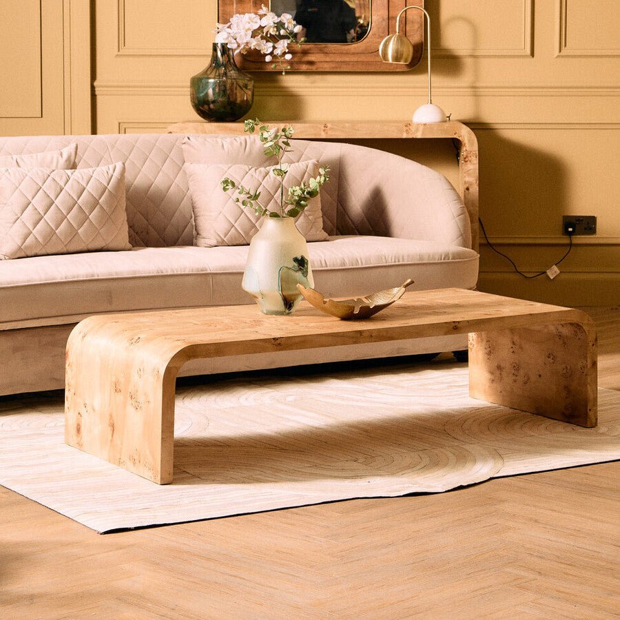 Natural Burl Wood Curved Coffee Table with Smooth Curved Edges, Mota - Miola
