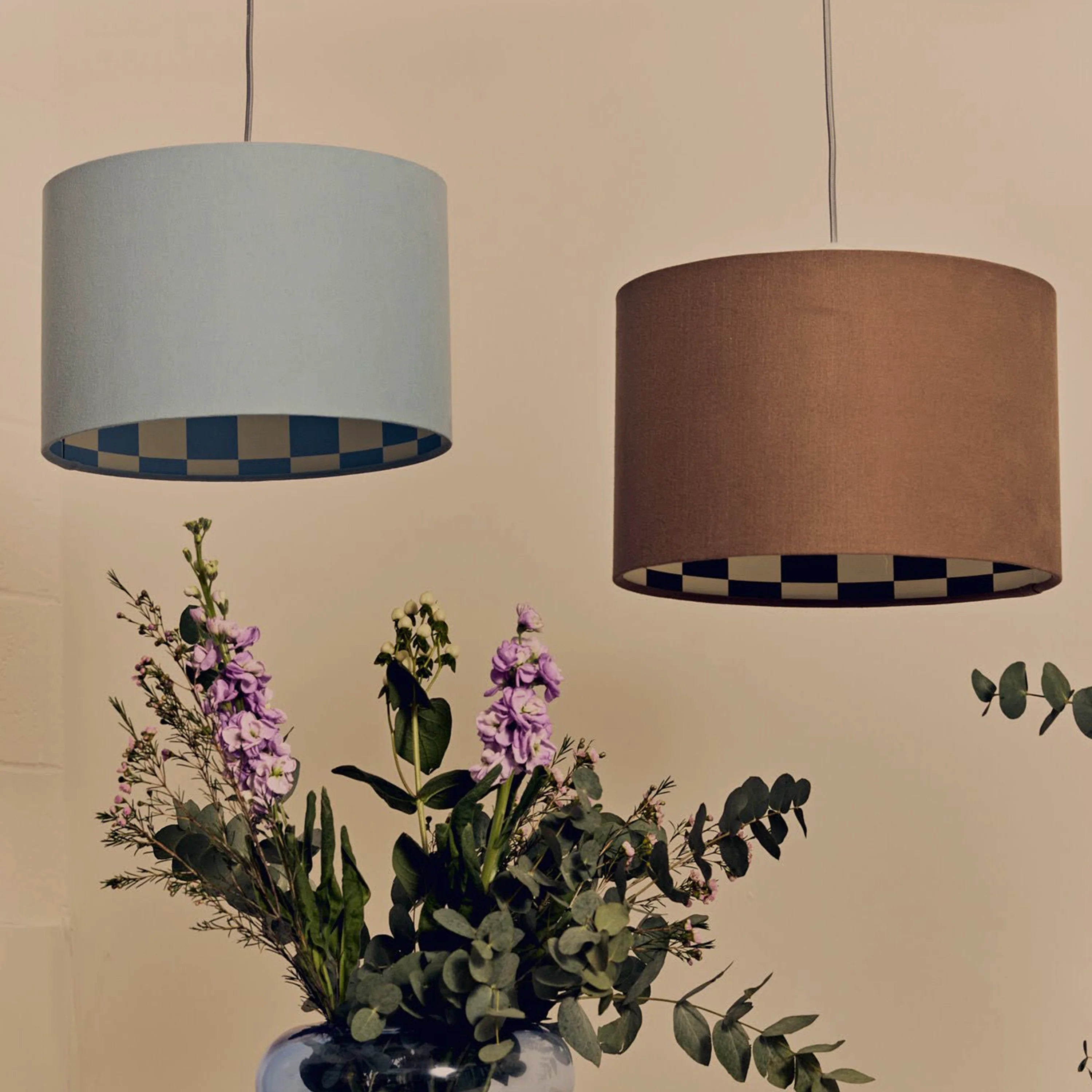 Damson blue check lined drum shade - Miola