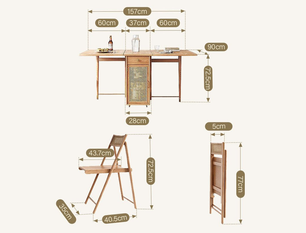 Nydia Foldable Dining Table Set With Storage, Rattan, Solid Wood - Miola
