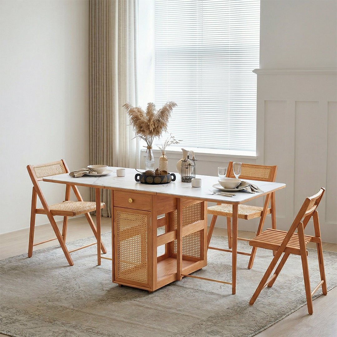 Nydia Foldable Dining Table Set With Storage, Rattan, Solid Wood - Miola