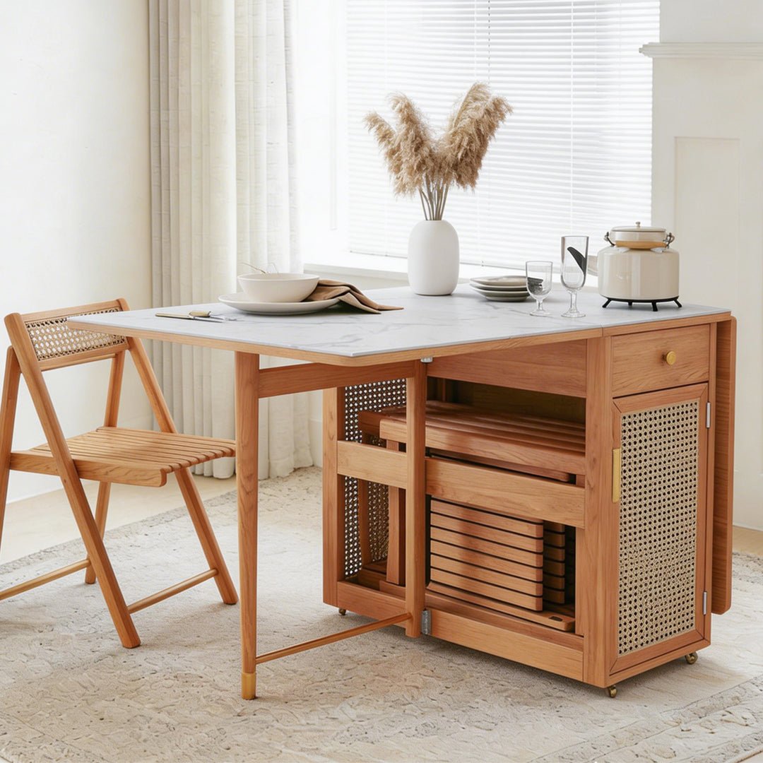 Nydia Foldable Dining Table Set With Storage, Rattan, Solid Wood - Miola