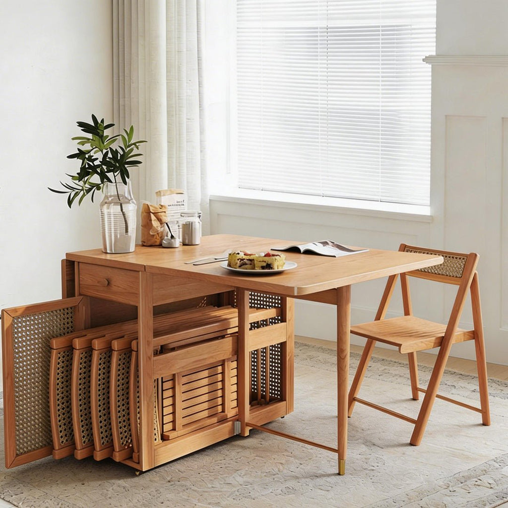 Nydia Foldable Dining Table Set With Storage, Rattan, Solid Wood - Miola
