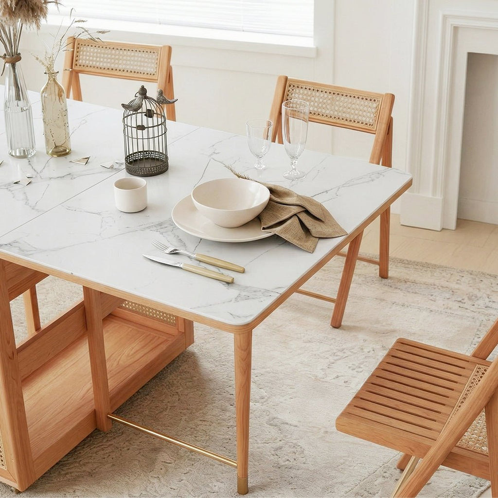 Nydia Foldable Dining Table Set With Storage, Rattan, Solid Wood - Miola