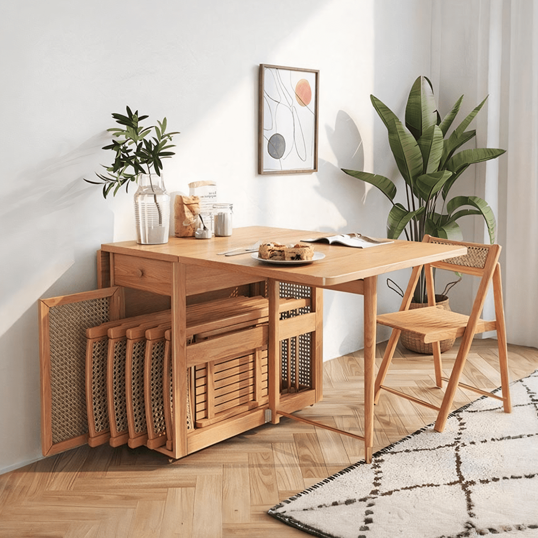 Nydia Foldable Dining Table Set With Storage, Rattan, Solid Wood - Miola