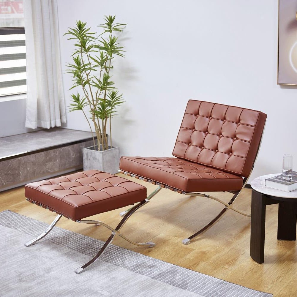 Barcelona Chair And Ottoman, Brown Leather - Miola