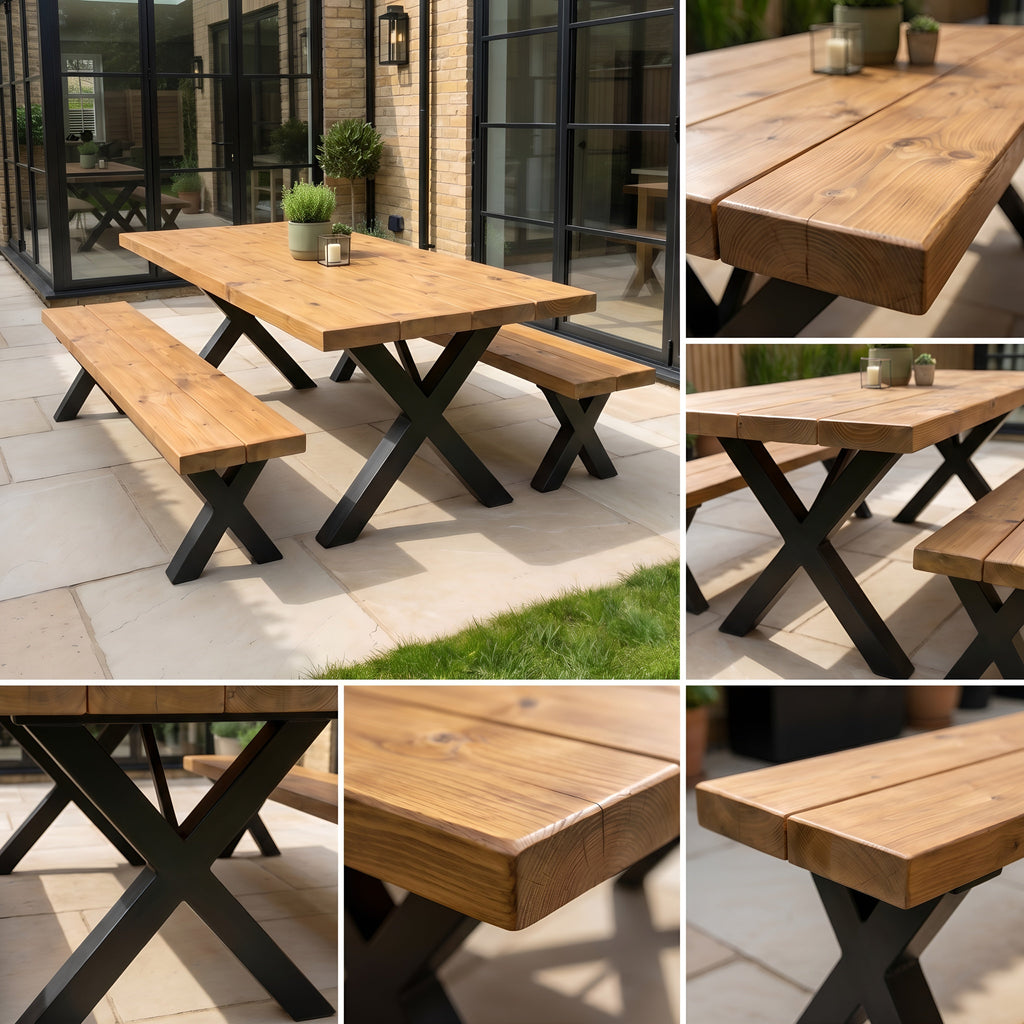 Outdoor Farmhouse Dining Table With Bench and Black Metal Cross Legs