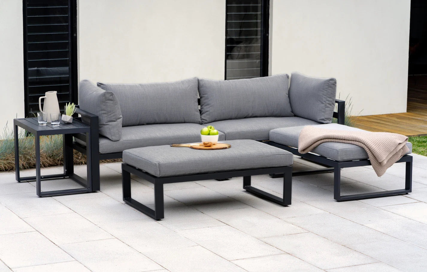 Grey 4 Seater Modular Aluminium Lounge Set with Side Cushions