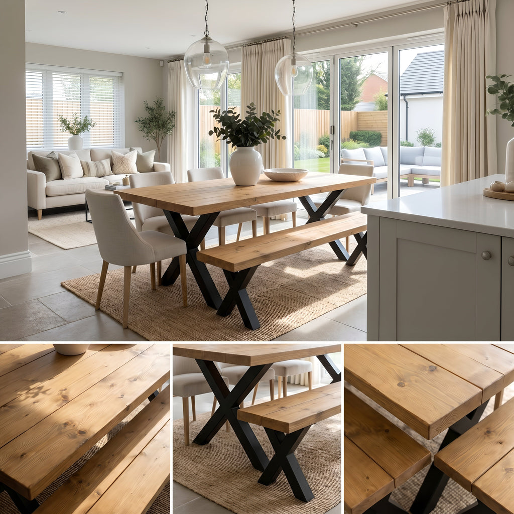 Farmhouse Dining Table With Bench and Black Metal Cross Legs