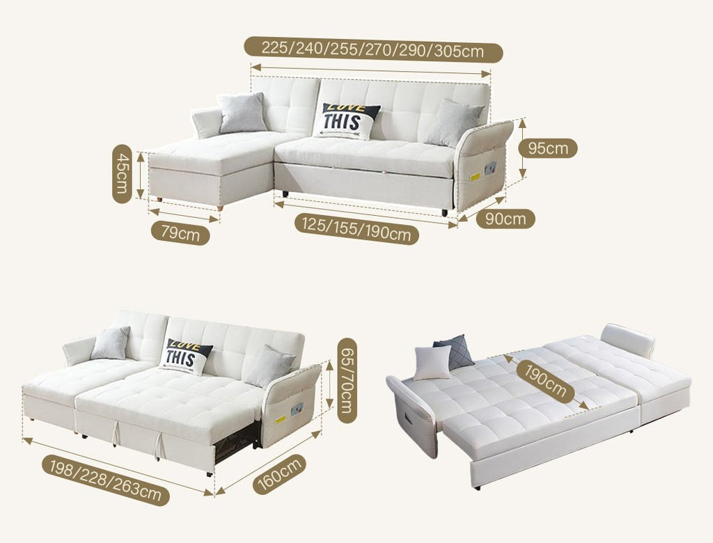 SB162 Three Seater Corner Sofa Bed, White - Miola