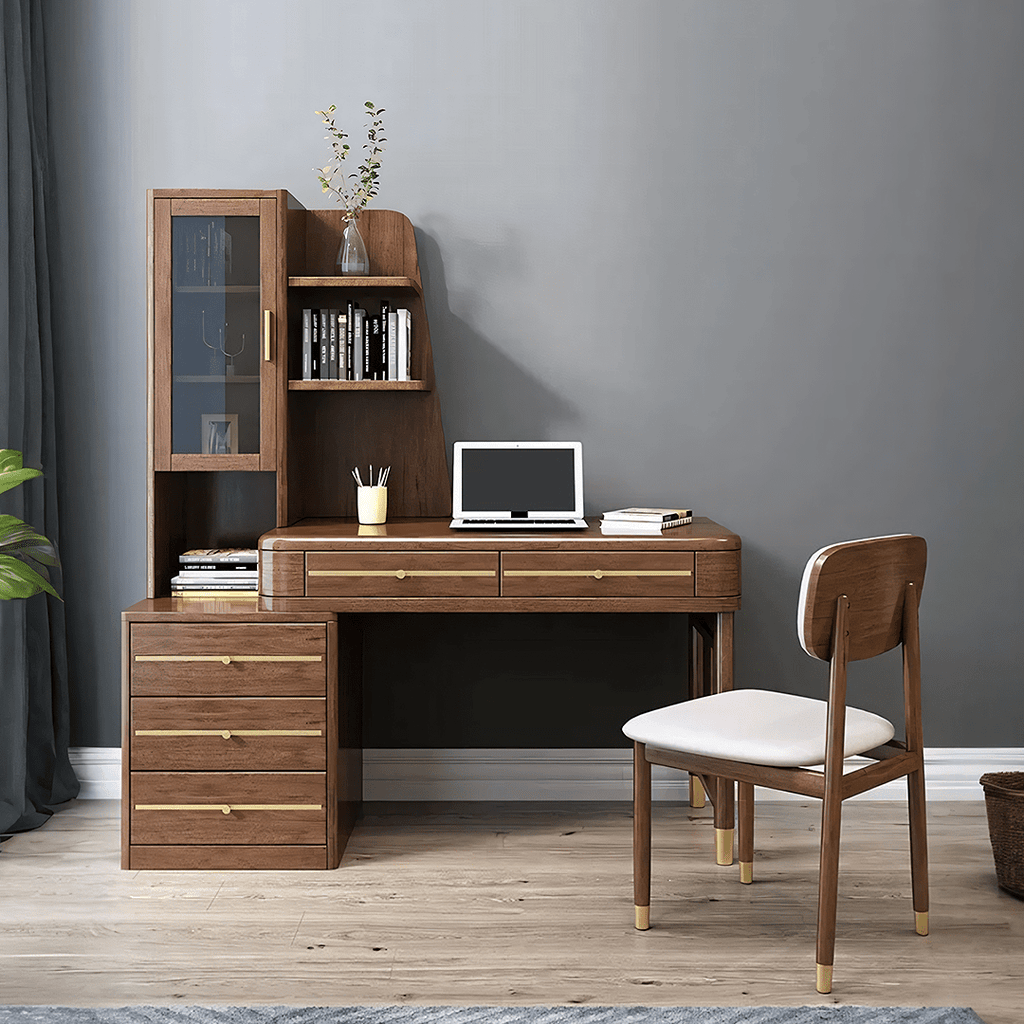 SK21 Office Desk With Side Storage, Rosewood & Gold - Miola