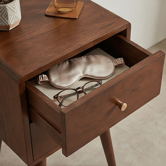 Scandinavian Walnut Logan Narrow Bedside Table - Miola