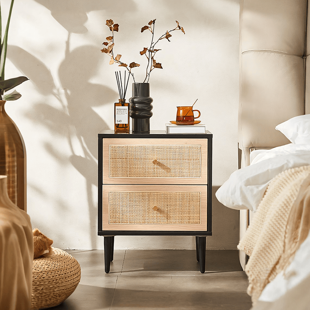 Tsaatan Wood Bedside Table, Rattan, Black - Miola