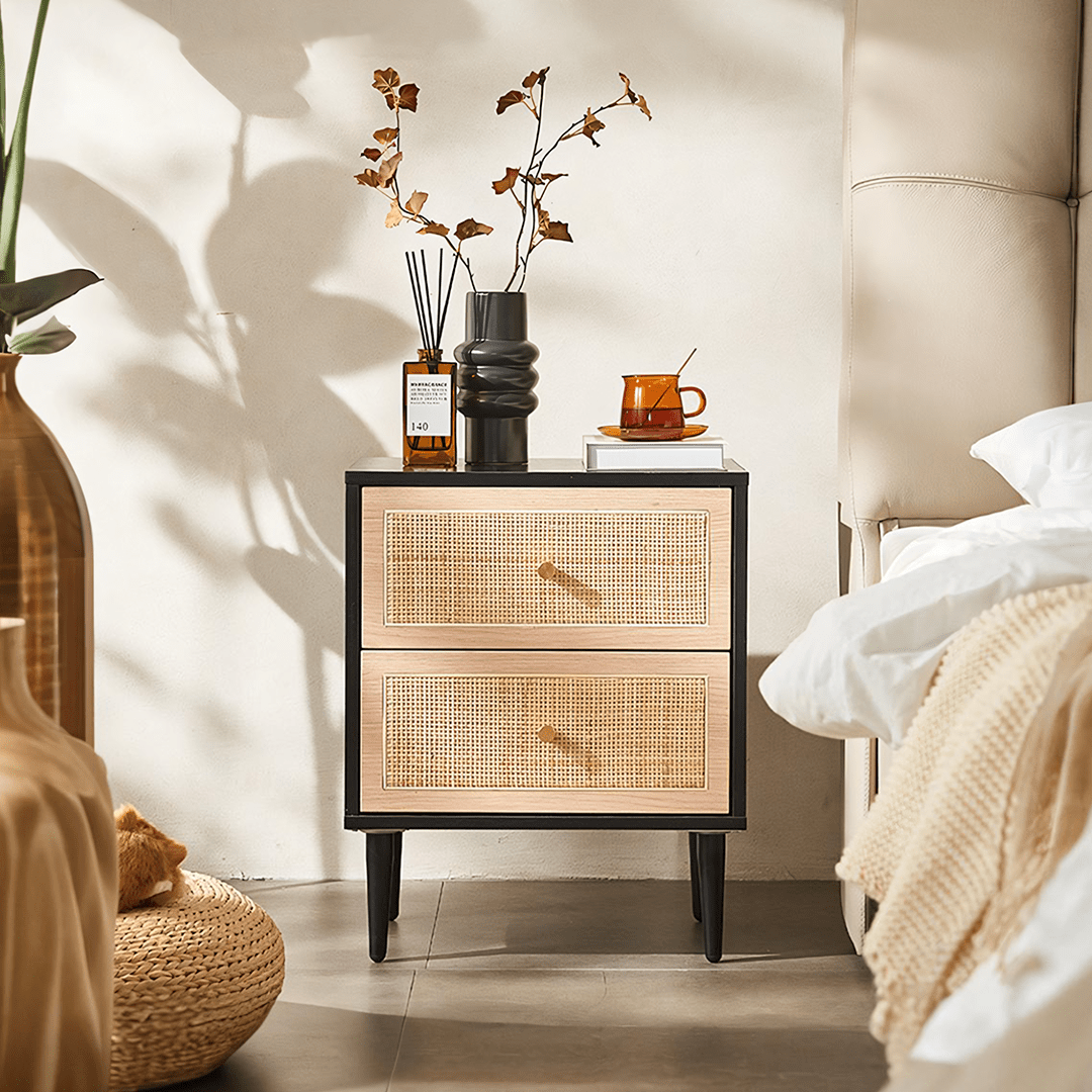 Tsaatan Wood Bedside Table, Rattan, Black - Miola