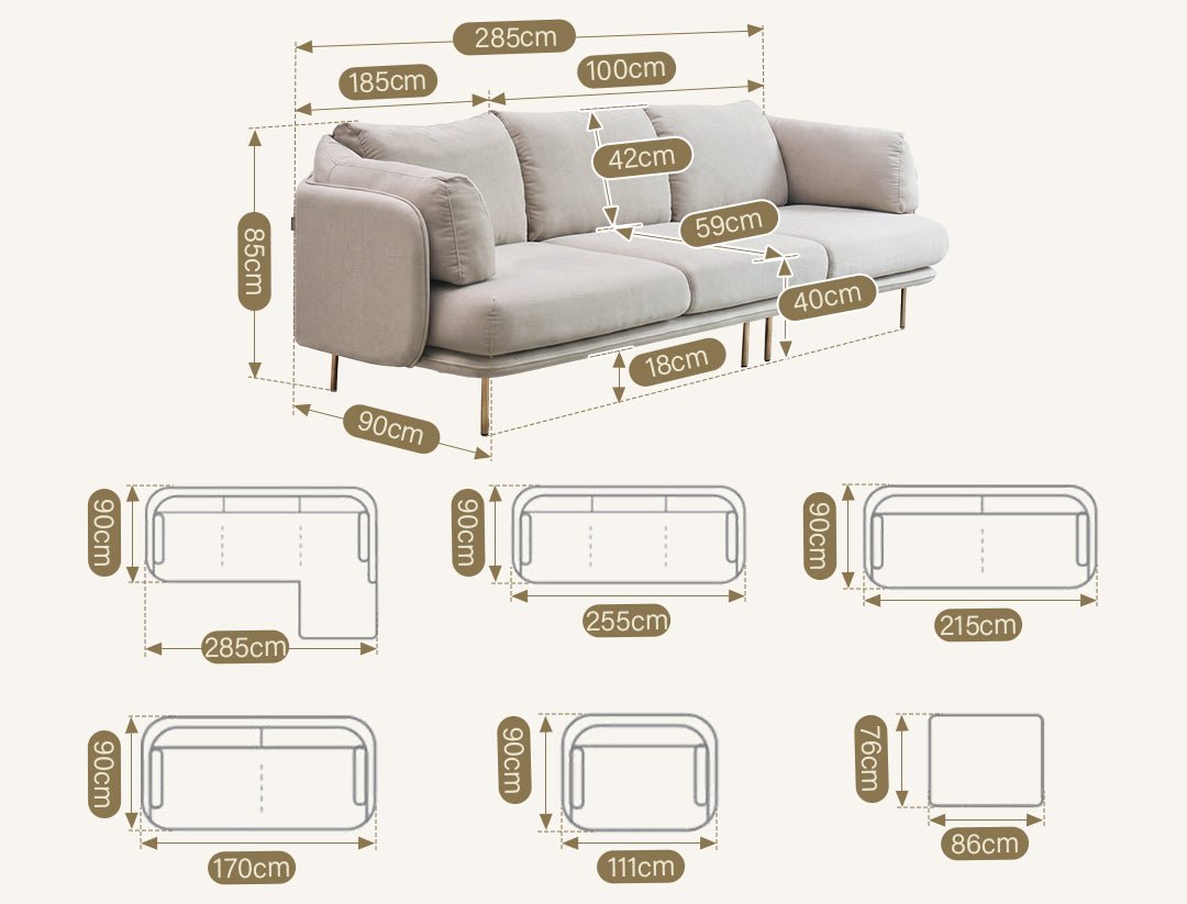 U182 Two Seater, Three Seater, Modular Sofa, Off - White Cotton Linen - Miola