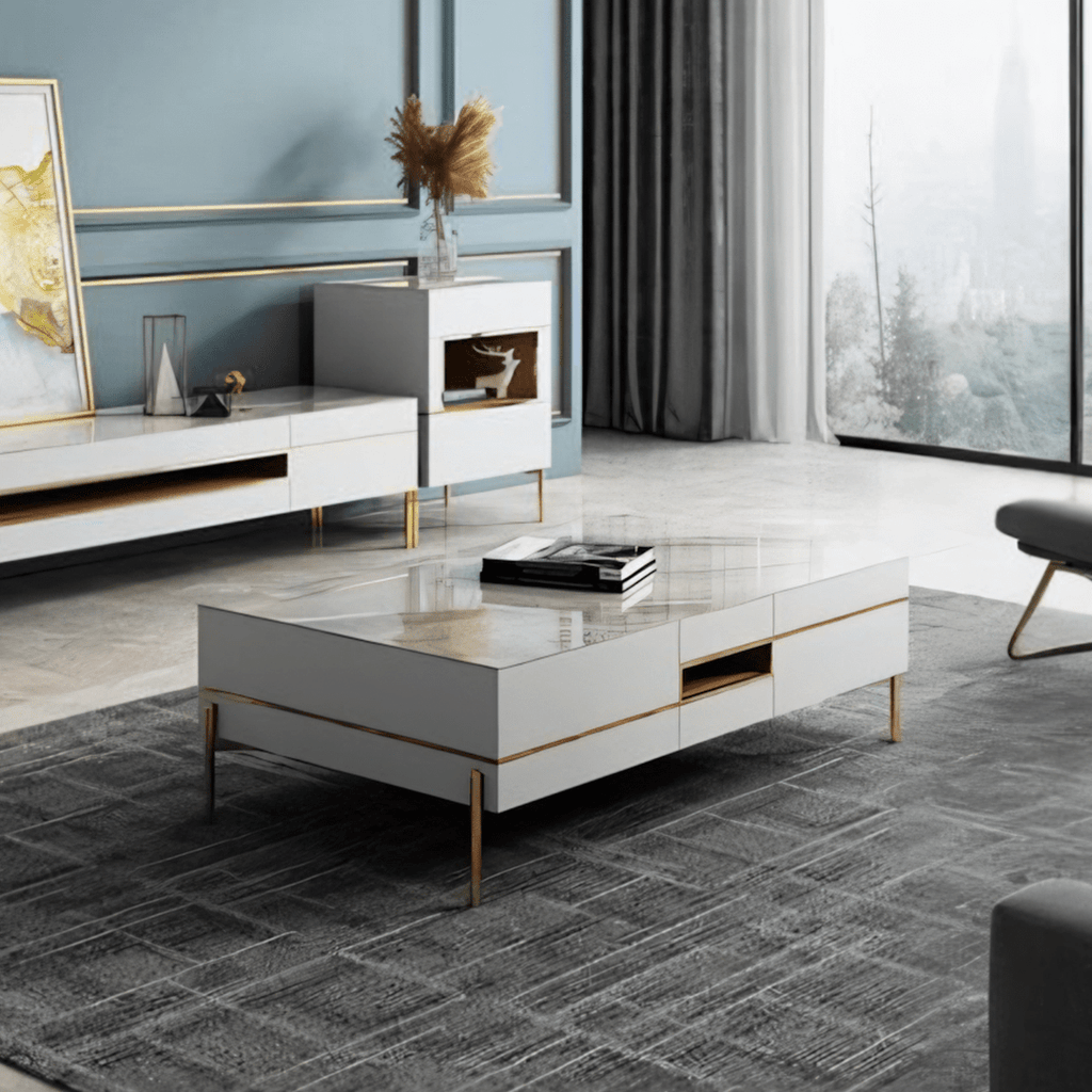 VIda Rectangle Coffee Table Set With TV Stand, Gold Leg - Miola
