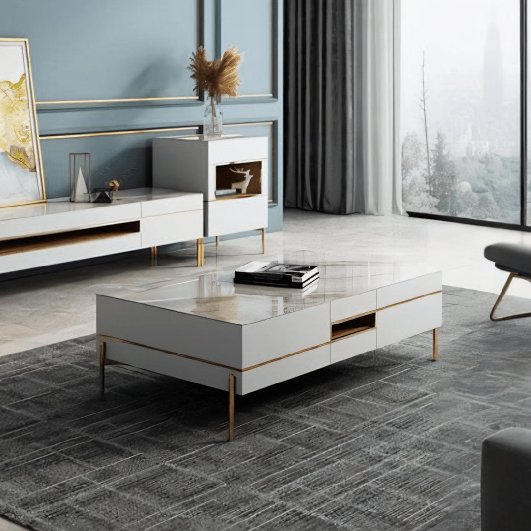 VIda Rectangle Coffee Table Set With TV Stand, Gold Leg - Miola