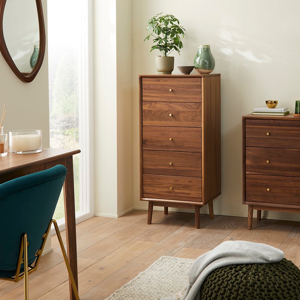 Wright Walnut Tallboy Chest of 5 Drawers - Miola