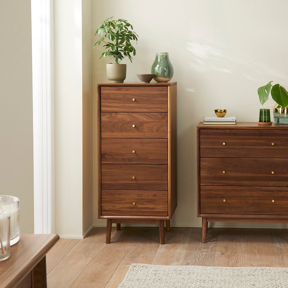 Wright Walnut Tallboy Chest of 5 Drawers - Miola