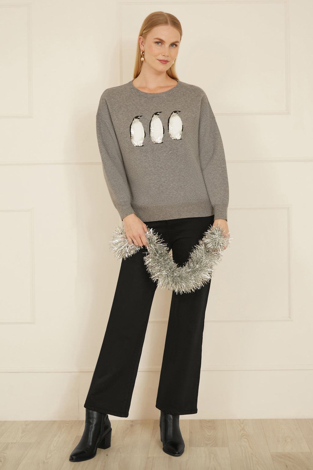 Grey Christmas Festive Penguin Knitted Jumper - Miola