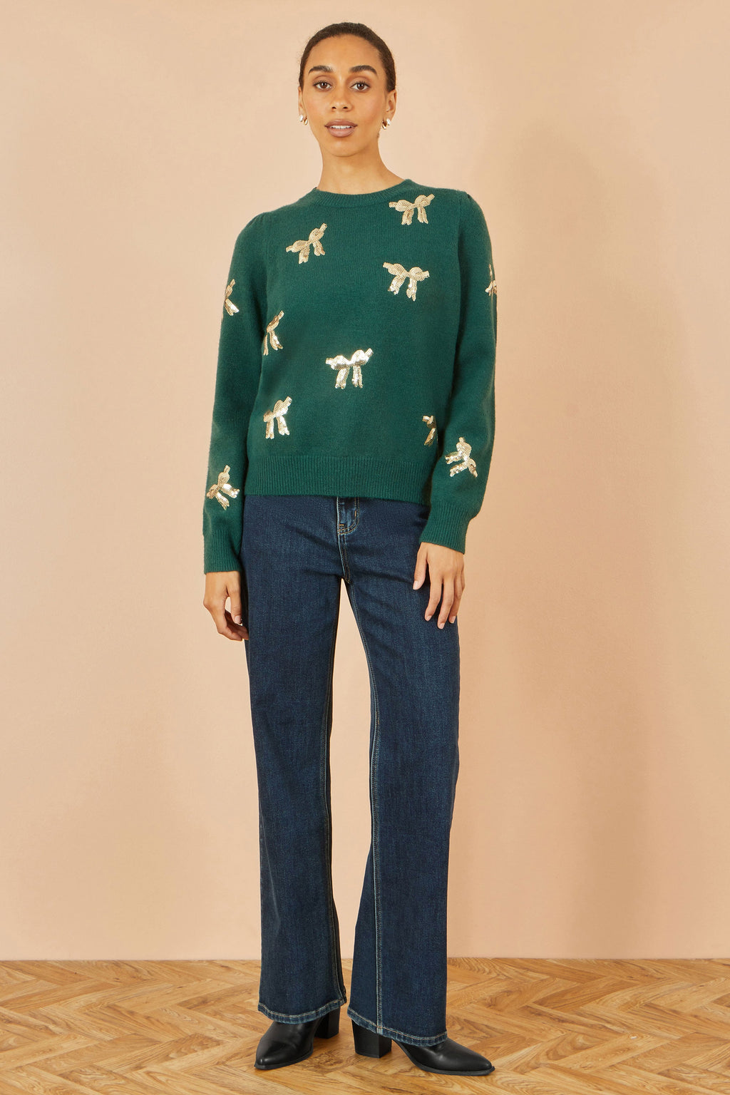 Green Sequin All Over Applique Bow Knitted Jumper