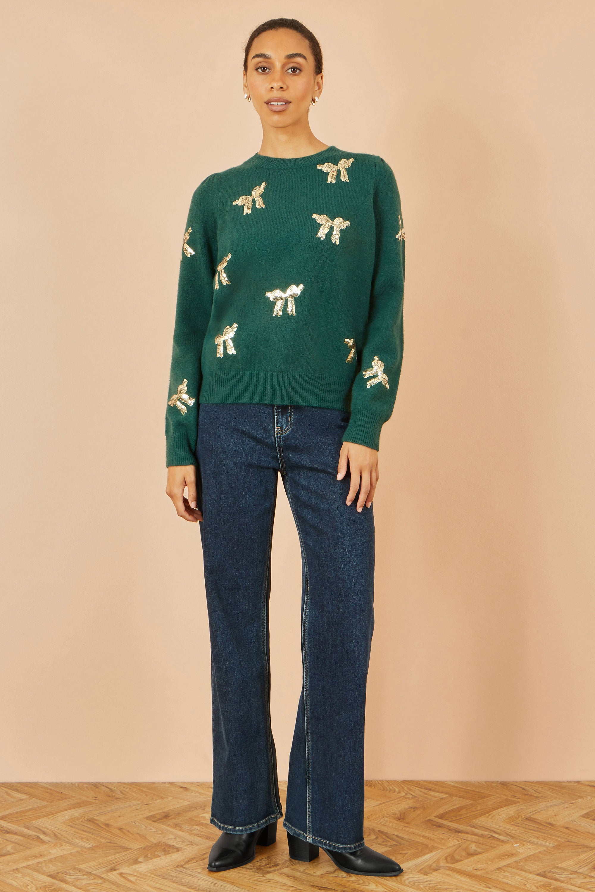 Green Sequin All Over Applique Bow Knitted Jumper
