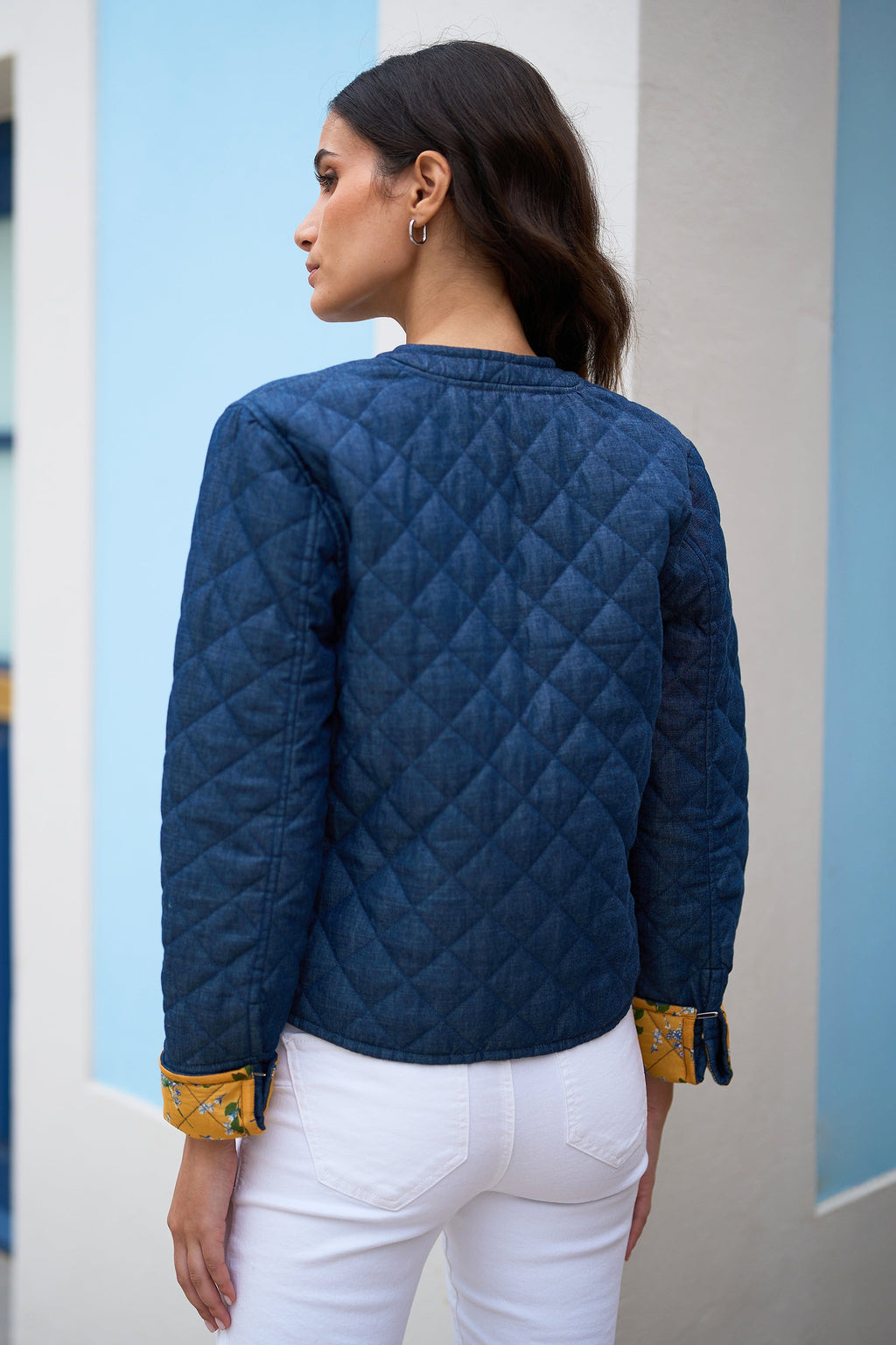 Blue Chambray Quilted Jacket With Reversible Floral Lining