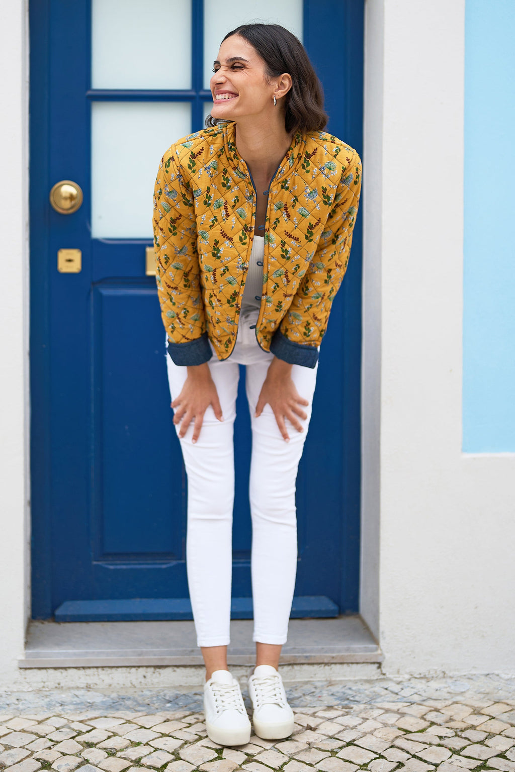 Blue Chambray Quilted Jacket With Reversible Floral Lining