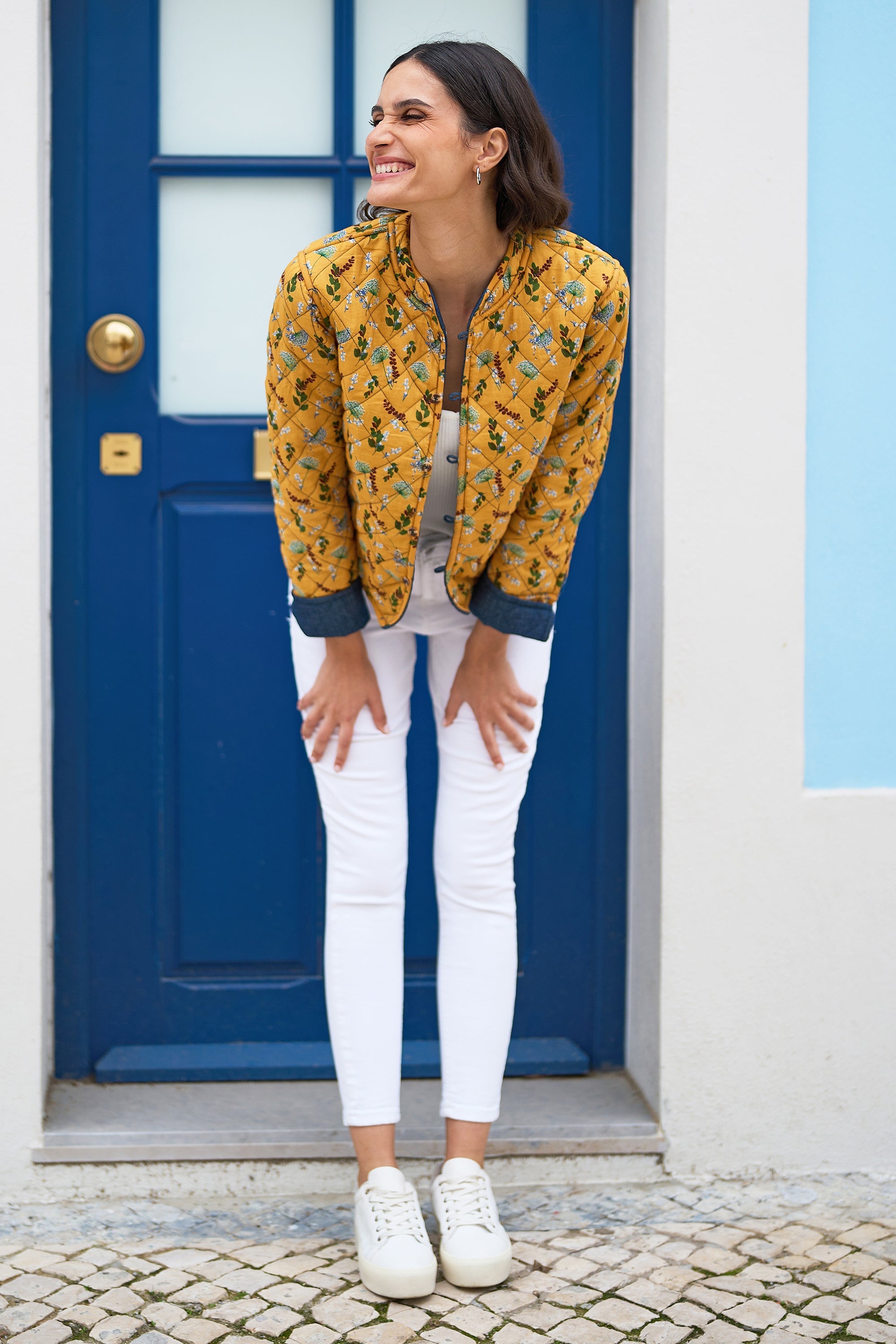 Blue Chambray Quilted Jacket With Reversible Floral Lining