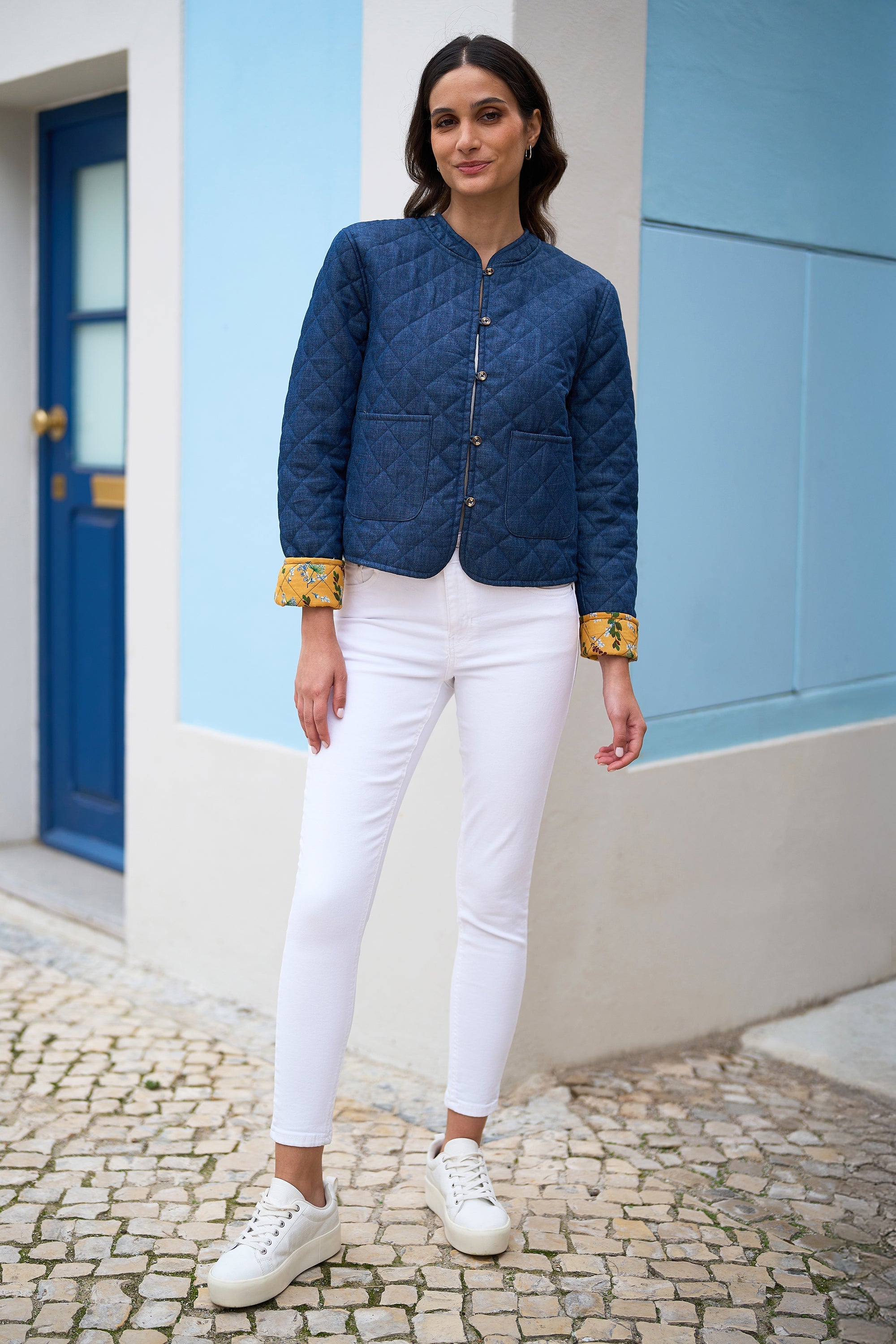 Blue Chambray Quilted Jacket With Reversible Floral Lining