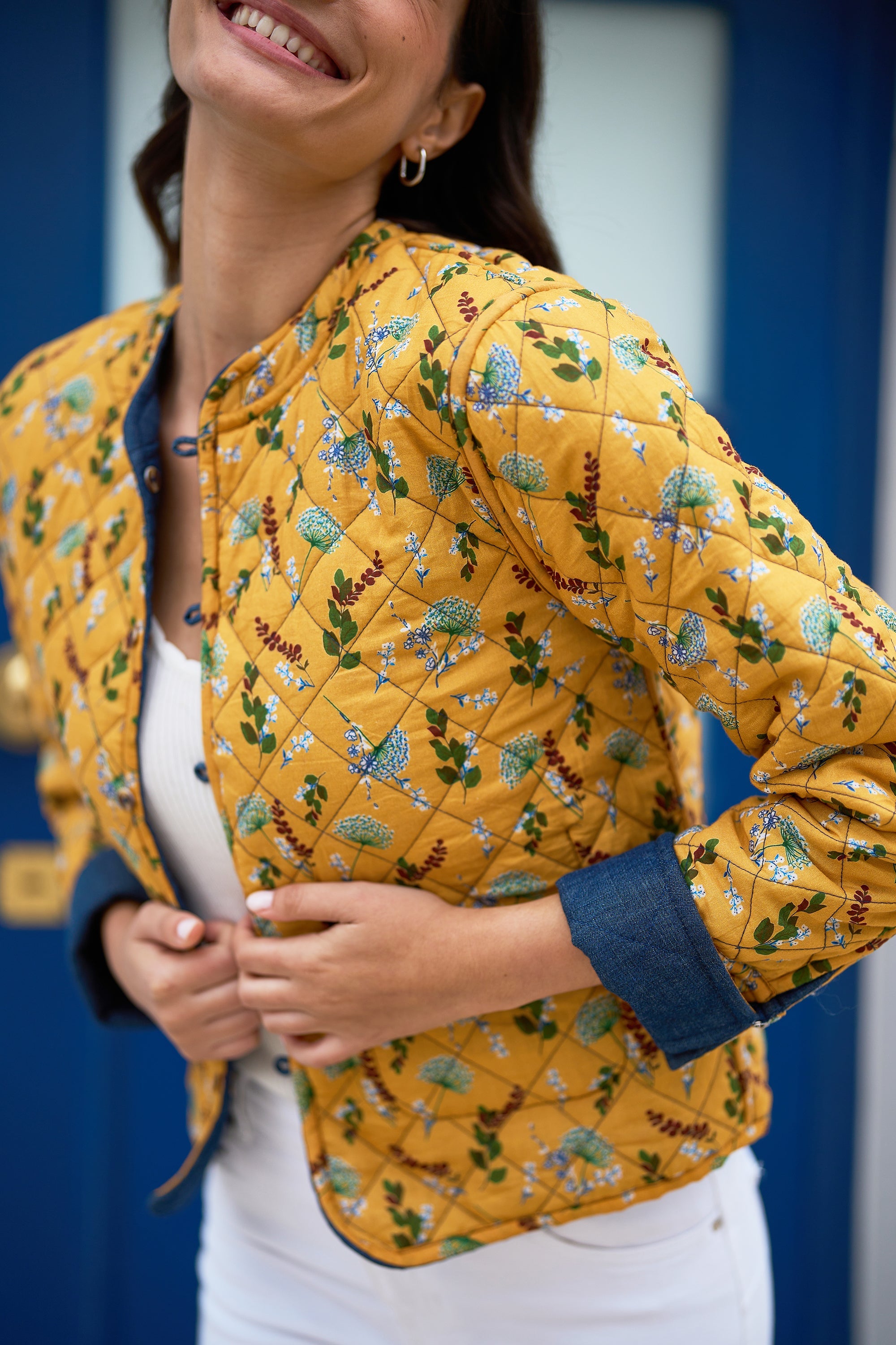 Blue Chambray Quilted Jacket With Reversible Floral Lining