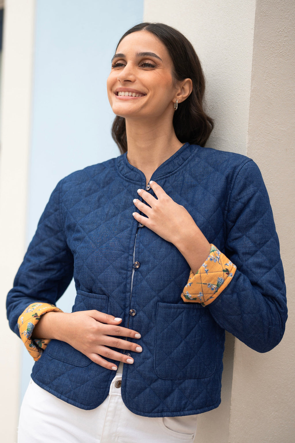 Blue Chambray Quilted Jacket With Reversible Floral Lining